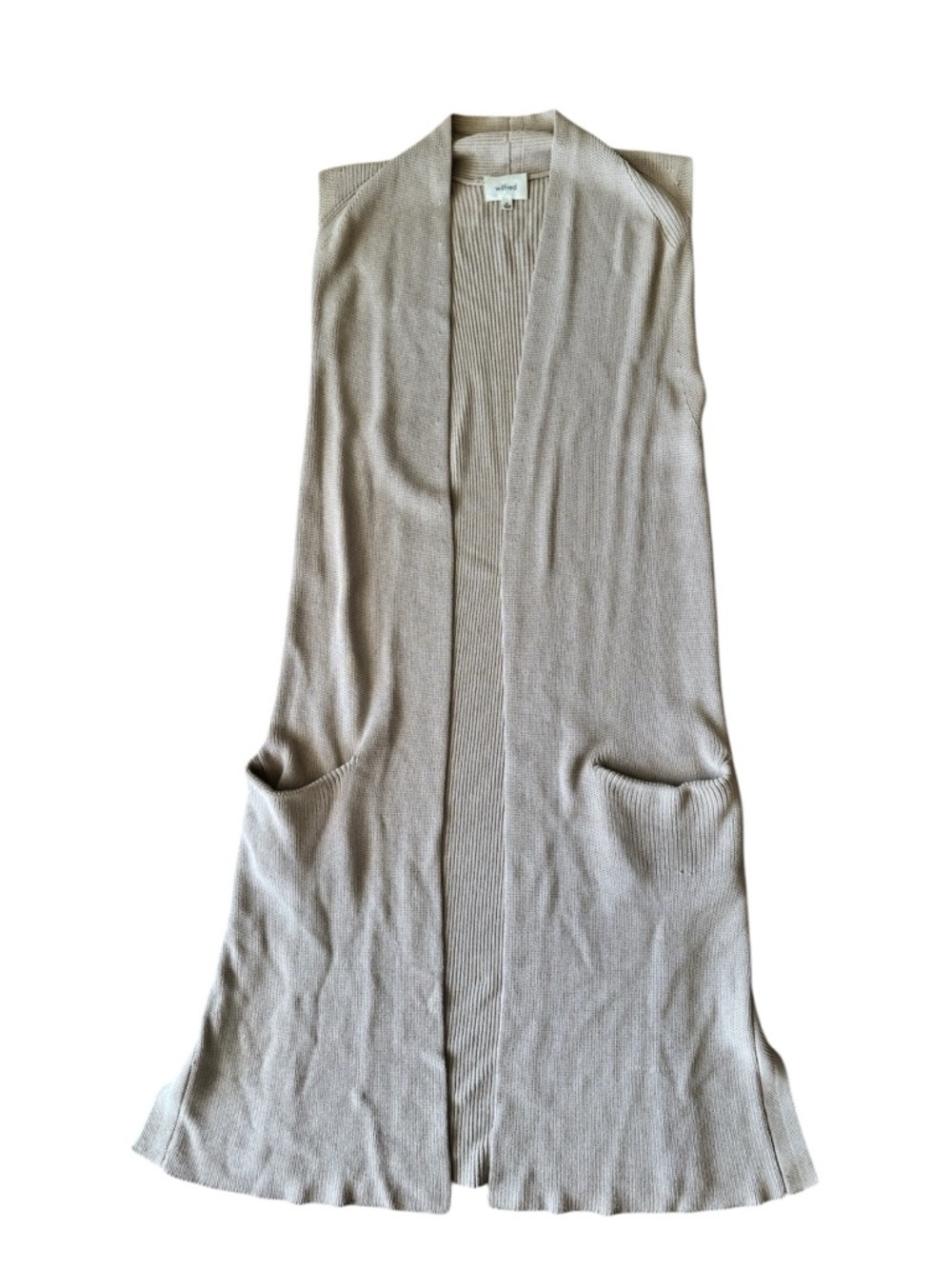 Aritzia Wilfred Long Cardigan Tan Brown Khaki Oatmeal Two Pockets Sleeveless